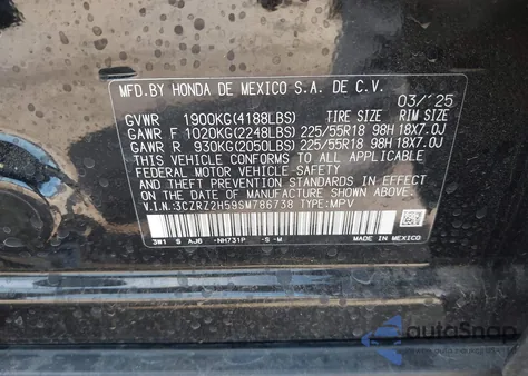 2025 Honda Hr-V Awd Sport from USA, damaged, VIN 3CZRZ2H59SM786738
